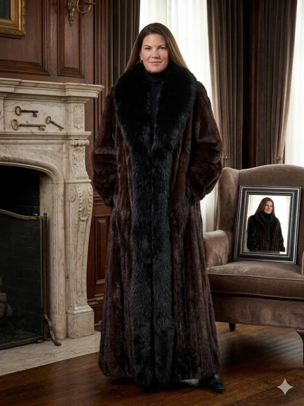 Vintage Dark Ranch Mink Fur Coat full Fox Tuxedo Collar 54” In Length